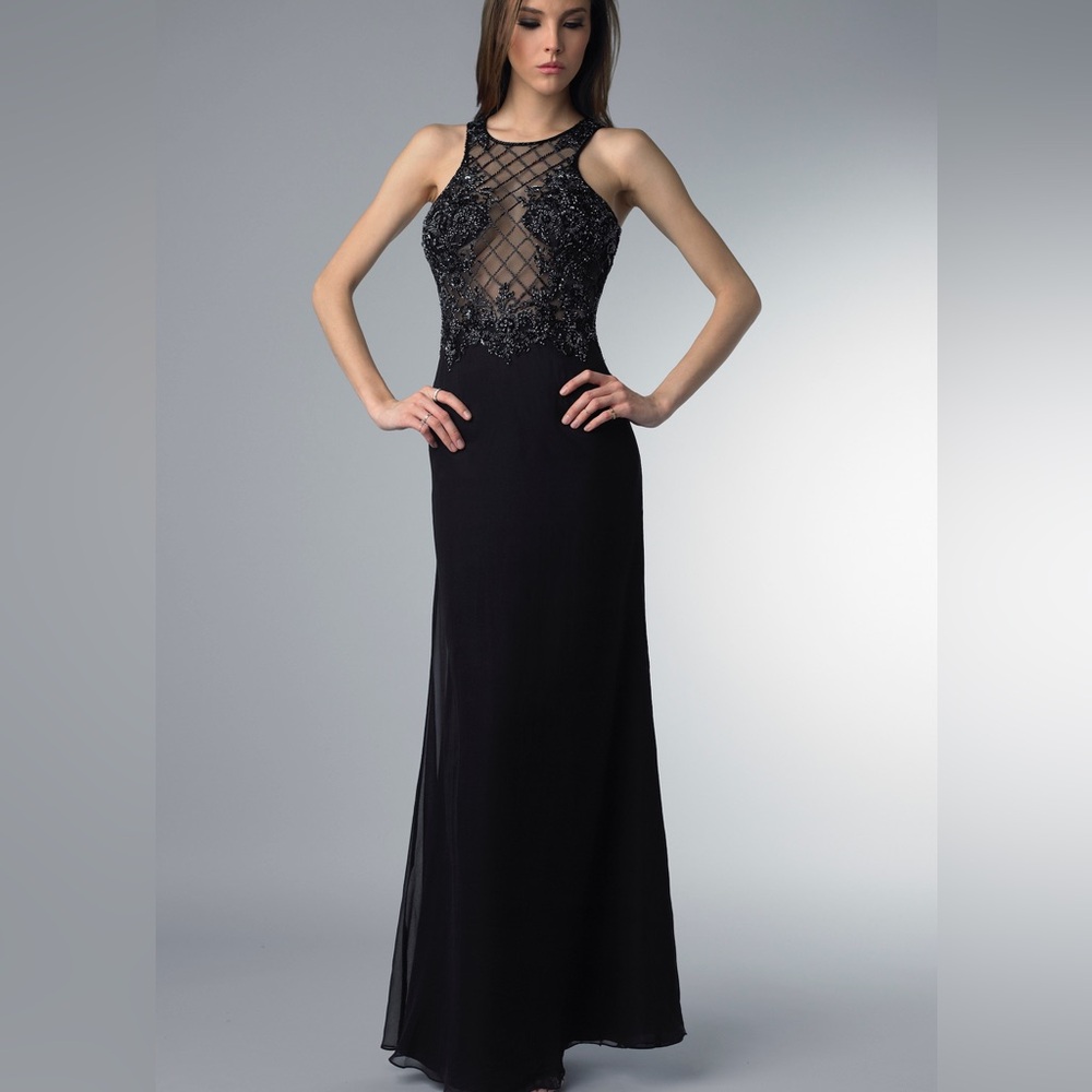 Basix Black Label Silk Beaded Halter Formal Gown